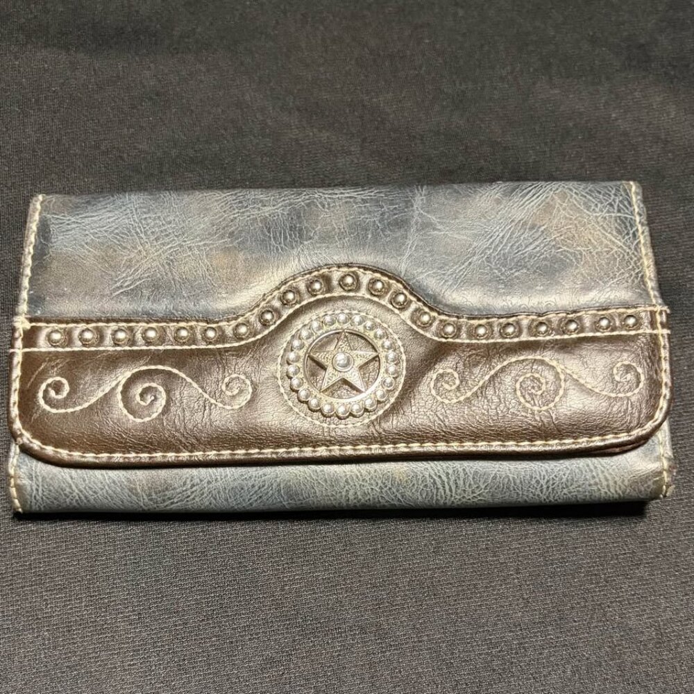 Blazin Roxx Grey Faux Leather Wallet Silver Star‎ Concho Western Style TriFold